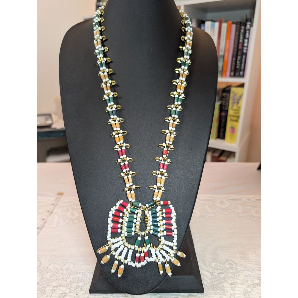Vintage Handmade Gold Safety Pin & Beaded Statement Bib Necklace OOAK